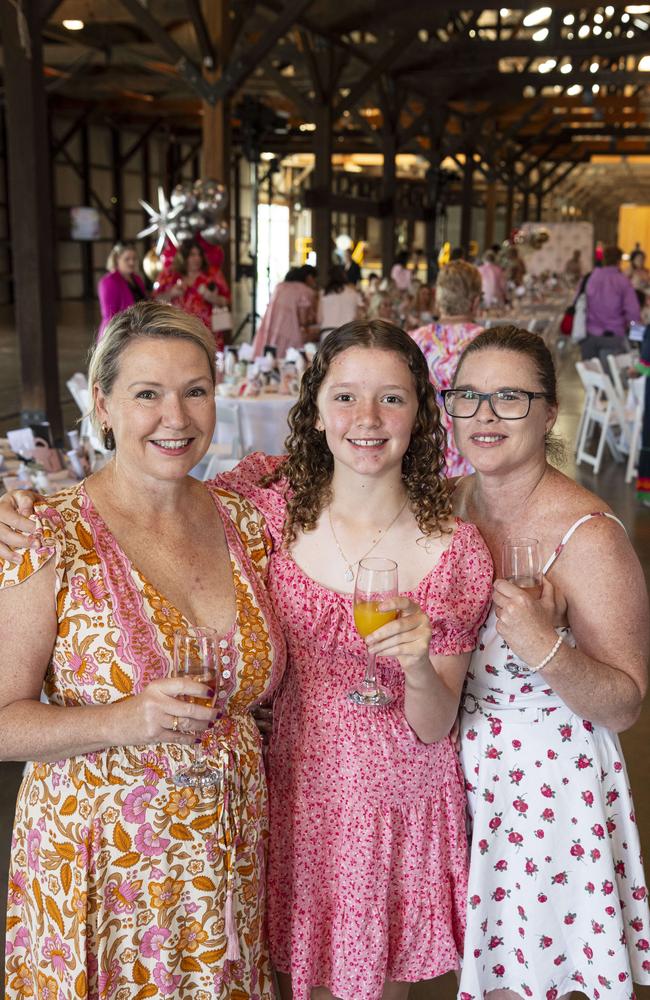 At the Pink High Tea are (from left) Nicole Cardow, Sarah Cardow and Amanda Smith raising funds for the Toowoomba Hospital Foundation at The Goods Shed, Saturday, October 12, 2024. Picture: Kevin Farmer