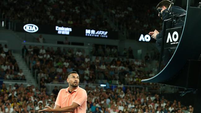 Nick Kyrgios remonstrates with chair umpire Renaud Lichtenstein. Picture: Getty Images