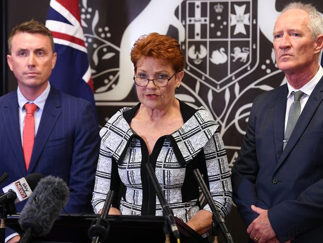 Queensland Senator and One Nation leader Pauline Hanson (centre), flanked by party officials James Ashby (left) and Steve Dickson, speaks during a press conference in Brisbane, Thursday, March 28, 2019. Mr Ashby and Mr Dickson were caught in an al-Jazeera investigation which used hidden cameras and a journalist posing as a gun campaigner to expose the far-right party's extraordinary efforts to obtain funding in Washington DC in September. (AAP Image/Dan Peled) NO ARCHIVING