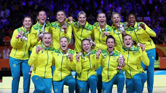 Gold Medallists Team Australia celebrate during the Netball Medal Ceremony on day ten of the Birmingham 2022 Commonwealth Games. Picture: Stephen Pond/Getty Images