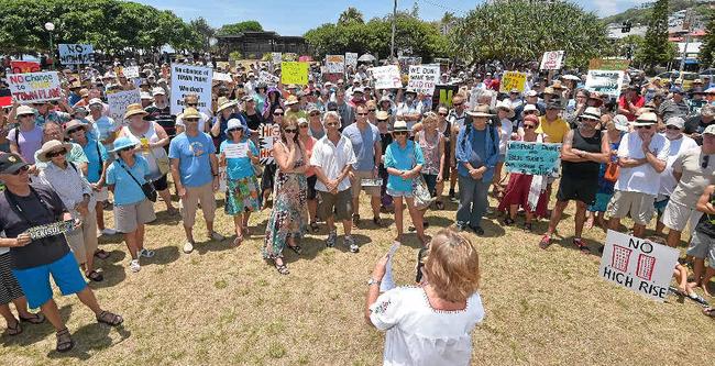 SPEAKING OUT: Protesters gather at Tickle Park, Coolum, opposing the proposed Sekisui House high-rise development at Yaroomba. Picture: Brett Wortman