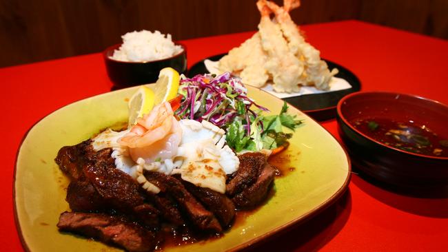 Seafood steak and tempura prawns and vegetables at Cha Cha Restaurant, Broadbeach.