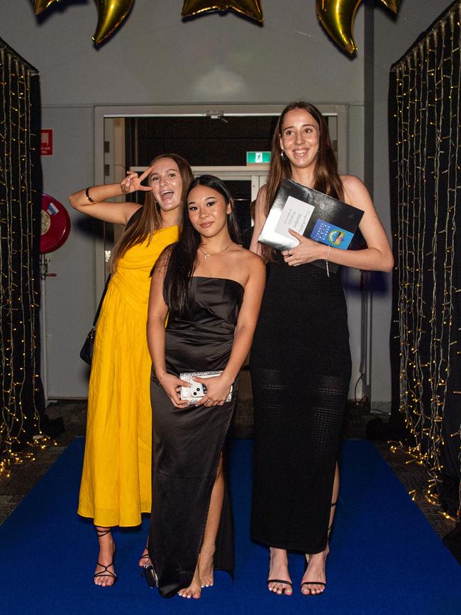 Shelbie Francis, Chloe Lai and Tess Montgomery at the Year 12 School formals of Darwin High School at Darwin Convention Centre, Darwin. Picture: Pema Tamang Pakhrin.
