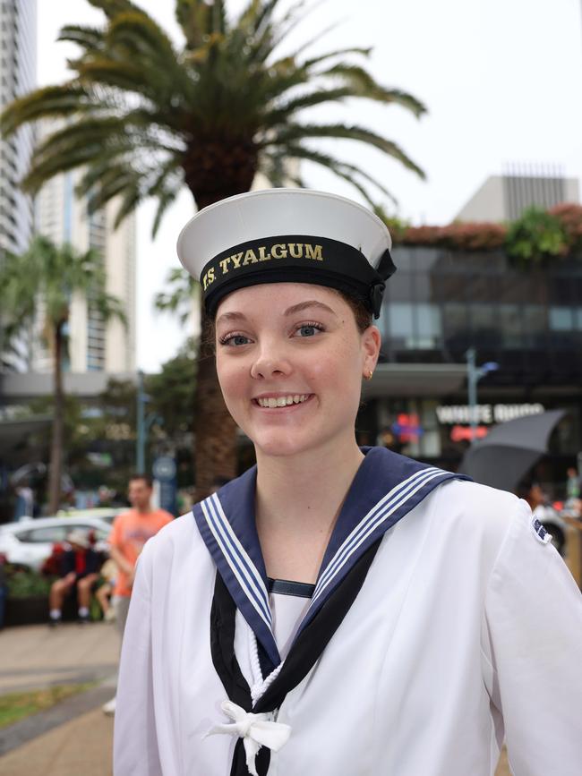 Sasha Riley at the Surfers Paradise RSL Anzac Day noon service 2025 at Cavill Park for Gold Coast at Large. Picture, Portia Large.