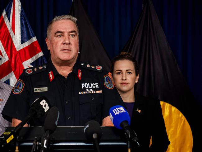 Leader of Government Business Steve Edgington, Police Commissioner Michael Murphy and Chief Minister Lia Finocchiaro outline the suite of legislation reform soon to be introduced to Parliament this week. Picture: Pema Tamang Pakhrin