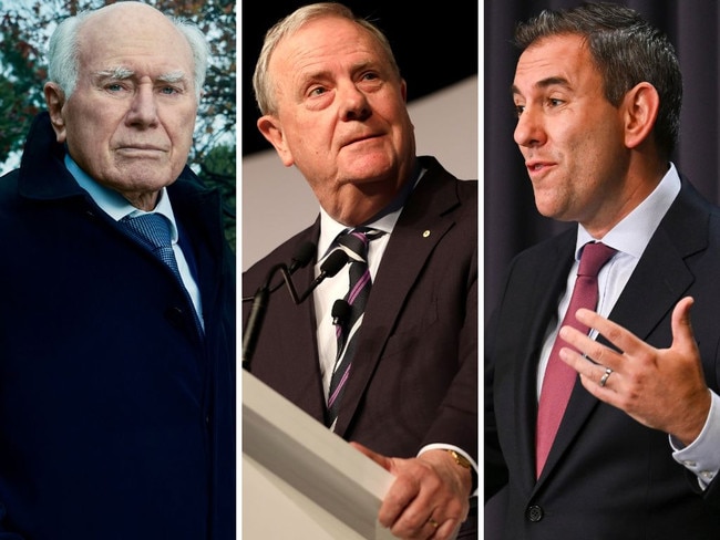 Former prime minister John Howard, former treasurer Peter Costello, and Treasurer Jim Chalmers.