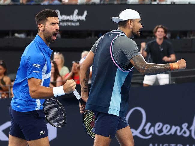 Kyrgios was having the time of his life, while Djokovic was just as jovial, and happy to banter. Picture: Getty Images