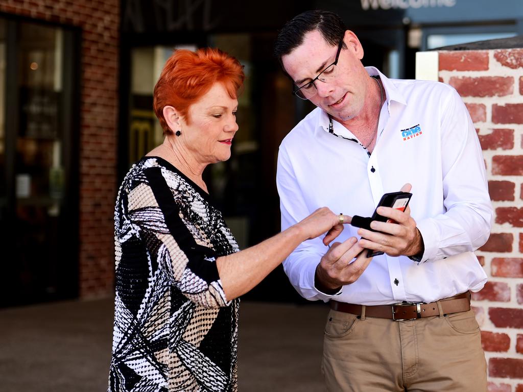 Pauline Hanson and One Nation Candidate for Thuringowa, Troy Thompson, in Townsville in 2020. Picture: Alix Sweeney