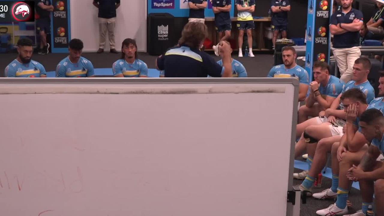 Des Hasler gives the Titans a spray after a loss to the Dolphins.