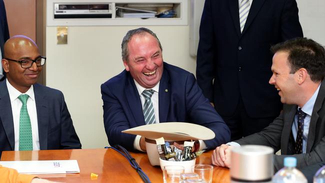 Adani CEO Jeyakumar Janakaraj with Acting Prime Minister Barnaby Joyce and Minister for Resources Matt Canavan in South Australia. Picture: Mark Calleja