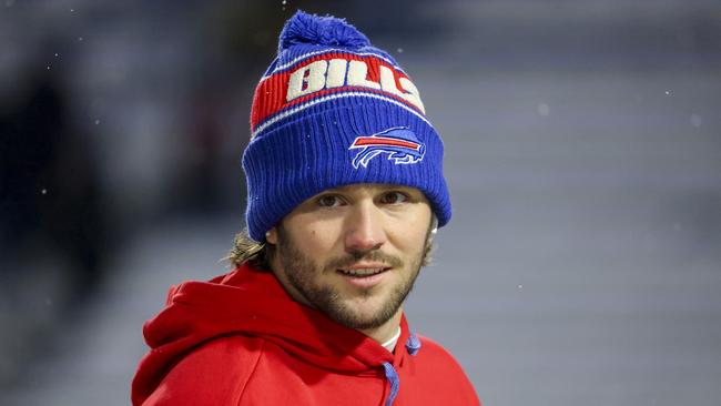 ORCHARD PARK, NEW YORK - DECEMBER 01: Josh Allen #17 of the Buffalo Bills looks on as he walks the field before a game against the San Francisco 49ers at Highmark Stadium on December 01, 2024 in Orchard Park, New York. (Photo by Timothy T Ludwig/Getty Images)