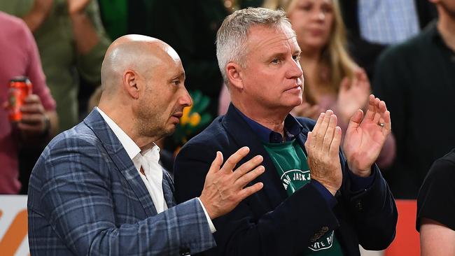 HOBART, AUSTRALIA - APRIL 30: Larry kestelman and Jeremy Rockliff Premier of Tasmania watch the game during game two of the NBL Semi Final series between Tasmania Jackjumpers and Melbourne United at MyState Bank Arena on April 30, 2022 in Hobart, Australia. (Photo by Steve Bell/Getty Images)