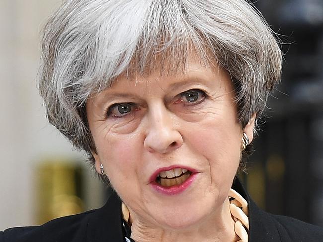 LONDON, ENGLAND - JUNE 04:  Britain's Prime Minister Theresa May addresses the media as she makes a statement, following a COBRA meeting in response to last night's London terror attack, at 10 Downing Street on June 4, 2017 in London, England. Prime Minister Theresa May has left the election campaign trail to hold a meeting of the emergency response committee, Cobra, this morning following a terror attack in central London on Saturday night. 7 people were killed and at least 48 injured in terror attacks on London Bridge and Borough Market. Three attackers were shot dead by armed police.  (Photo by Leon Neal/Getty Images)