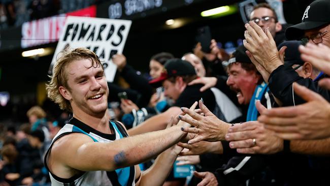 Jason Horne-Francis of the Power celebrates with fans. Picture: Getty Images