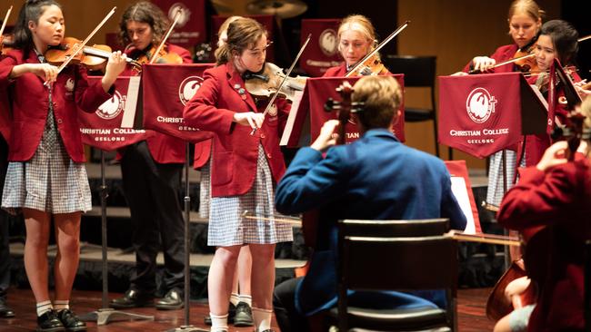 Christian College Geelong music students in the current uniform with crimson blazers. Pictures: Supplied