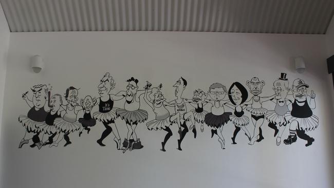 Mark Lynch created this fabulous mural of former prime ministers on the wall of the new cafe. The National Cartoon Gallery's extension is now open to the public and includes a huge new gallery space, theatre and cafe. Photo: Tim Jarrett