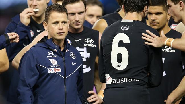 Brendon Bolton’s Carlton went goalless in the first half. Picture: Michael Klein