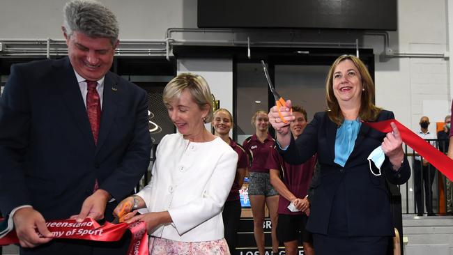 Chelsea Warr with Stirling Hinchliffe, Annastacia Palaszczuk during the opening of a $10 million gym and sports science lab at the Queensland Academy of Sport in 2022. Picture: NCA NewsWire / Dan Peled