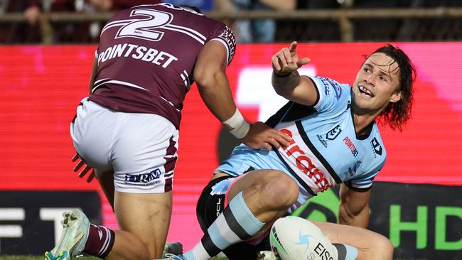 Nicho Hynes celebrates a try against the Sea Eagles. Picture: Cameron Spencer/Getty Images