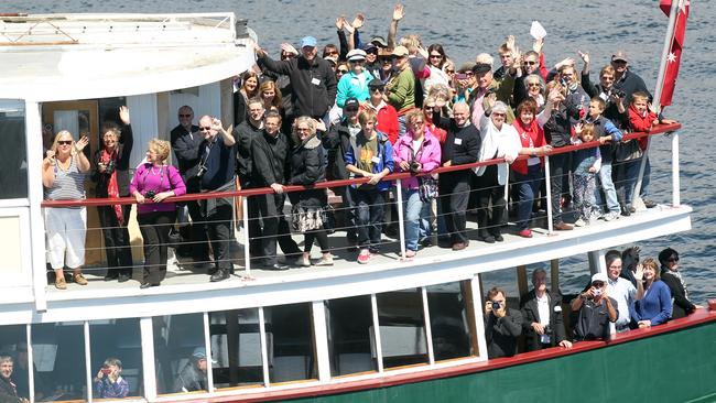 Douglas Mawson Centenary celebrations: Descendants of Douglas Mawson and past Antarctic expeditioners on board the ferry Cartela.