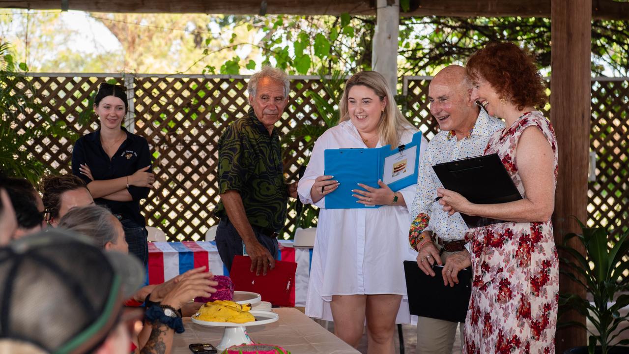 Melanie Plane NT News Editor, His Honour Professor the Honourable Hugh Heggie AO PSM and Ms Ruth Eirwen Jones during the 2024 Royal Darwin Show bake off. Picture: Pema Tamang Pakhrin