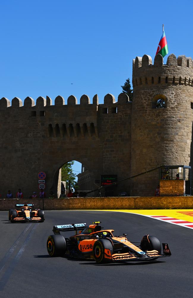 Lando Norris leads Daniel Ricciardo during the F1 Grand Prix of Azerbaijan. (Photo by Dan Mullan/Getty Images)