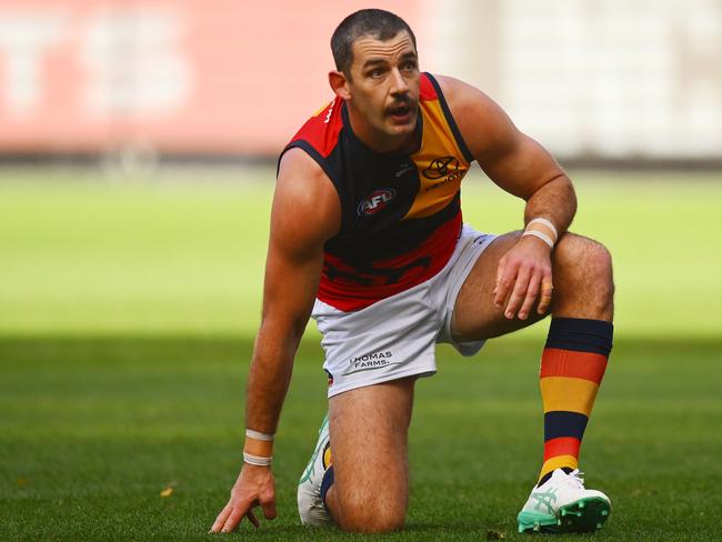 MELBOURNE, AUSTRALIA - JUNE 01: Taylor Walker of the Crows reacts during the round 12 AFL match between Hawthorn Hawks and Adelaide Crows at Melbourne Cricket Ground, on June 01, 2024, in Melbourne, Australia. (Photo by Morgan Hancock/AFL Photos/via Getty Images)