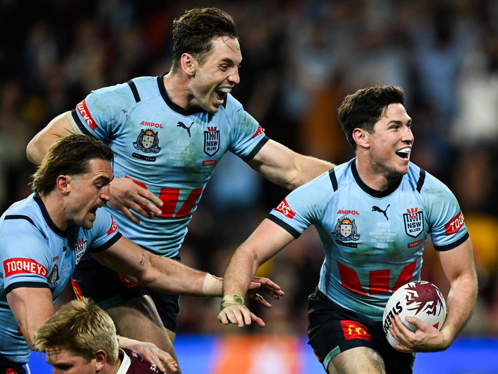 Mitchell Moses celebrates his try with the Blues. Picture: NRL Photos