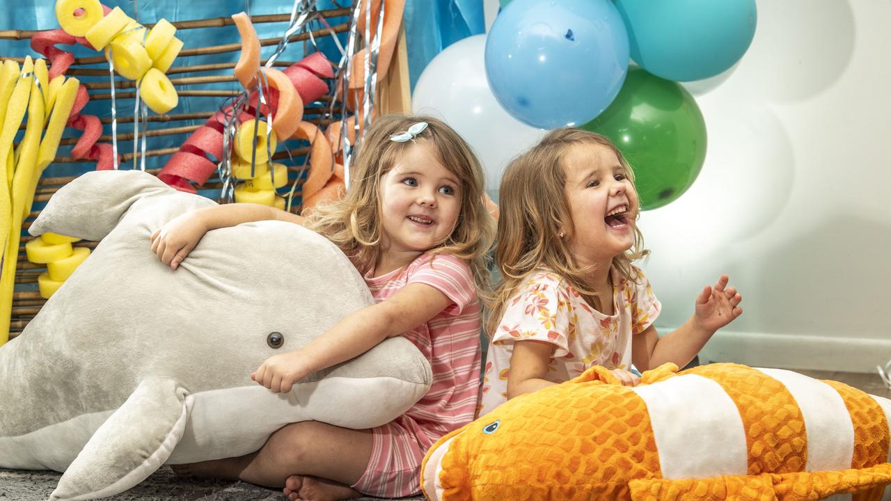 5 year old twins Brooklyn (left) and Indiana Fry at LEAD Childcare Toowoomba. Friday, December 3, 2021. Picture: Nev Madsen.