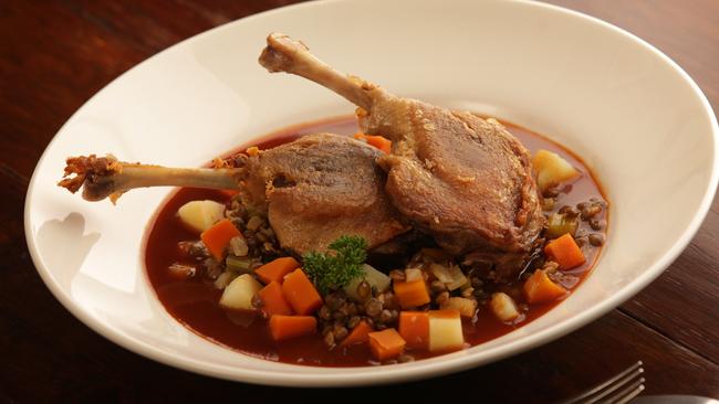 Confit duck leg with green lentils and vegetable ragout. Picture: John Fotiadis