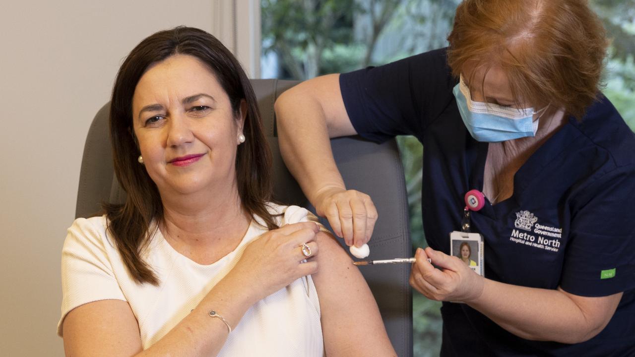 Annastacia Palaszczuk receiving her Covid-19 vaccination in Brisbane on June 7. Picture: NCA NewsWire / Sarah Marshall