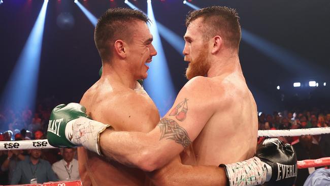 Tszyu is congratulated by Hogan after winning the WBO Global Super Welterweight title. Picture: Cameron Spencer/Getty Images