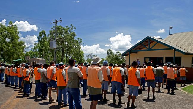 Prisoners muster for role call before heading out to work at the Lotus Glen Farm. Picture: Marc McCormack Picture: Marc McCormack