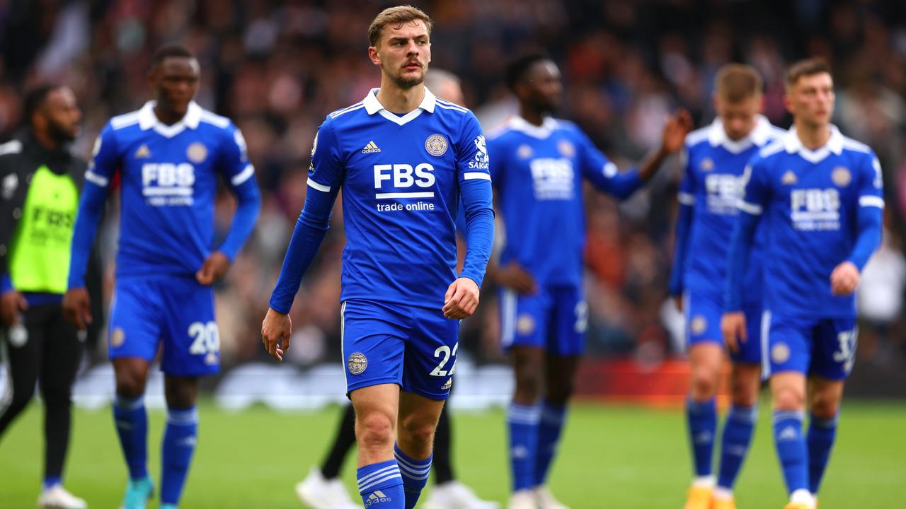 LONDON, ENGLAND - MAY 08: Kiernan Dewsbury-Hall of Leicester City looks dejected as players of Leicester City leave the field after their side's defeat to Fulham during the Premier League match between Fulham FC and Leicester City at Craven Cottage on May 08, 2023 in London, England. (Photo by Clive Rose/Getty Images)