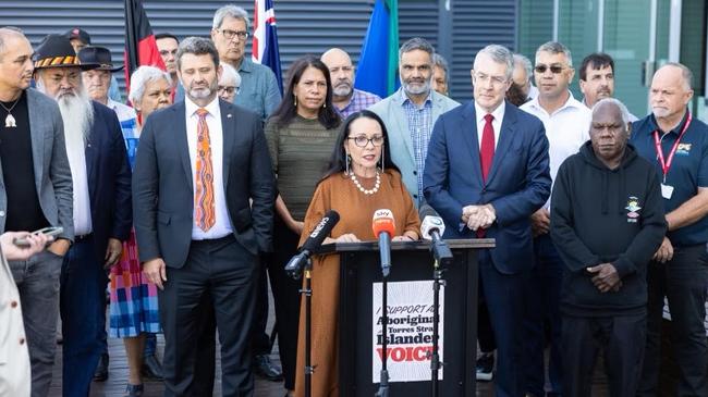 Indigenous Australians Minister Linda Burney, Attorney-General Mark Dreyfus, Senator Pat Dodson and Indigenous leaders addressing the media about the voice in Adelaide on Friday. Picture: Supplied