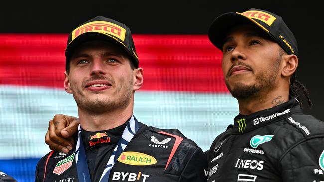 Max Verstappen and Lewis Hamilton. Photo by Minas Panagiotakis/Getty Images.