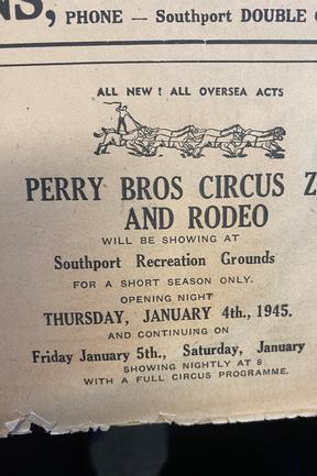 The Perry Bros Circus and rodeo visited the Gold Coast in 1945. Gold Coast Bulletin advertising, 1945