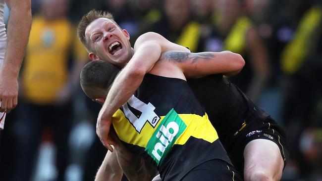 Jack Riewoldt celebrates with Dustin Martin on the siren. Picture: Phil Hillyard