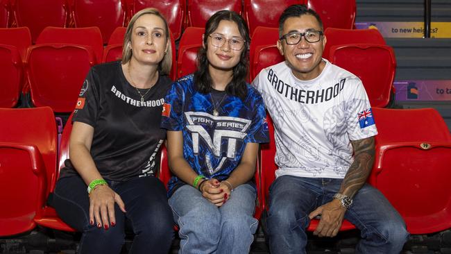 Melissa Tran-Nguyen, Charlotte Tran-Nguyen and Anthony Tran-Nguyen at the NT Fight Series XI at Ventia Stadium. Picture: Pema Tamang Pakhrin