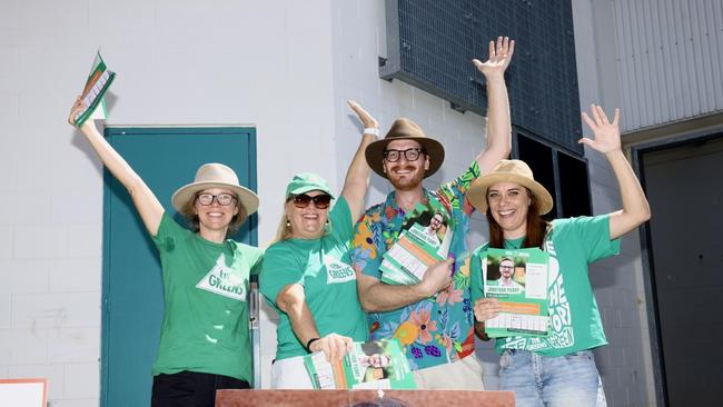 NT Greens candidate for Solomon Jonathan Parry with volunteers in the 2025 federal election. Picture: Pema Tamang Pakhrin.