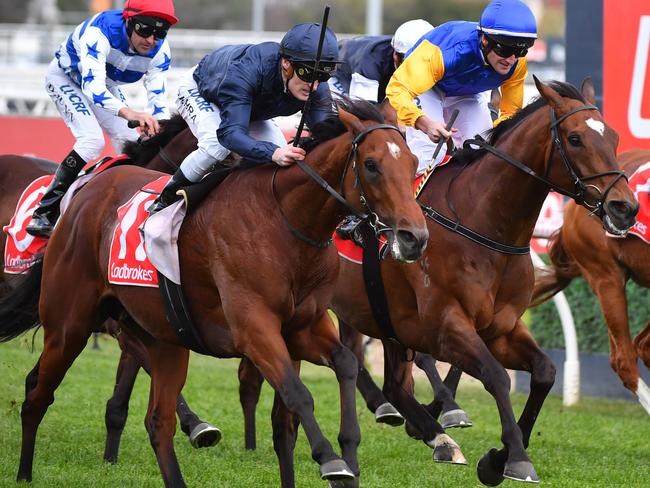 Jockey Mark Zahra rides Cape Of Good Hope in the Group 1 Caulfield Stakes.