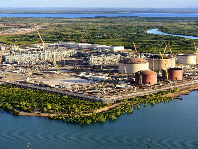 Inpex's Ichthys LNG plant in mid-construction at Blaydin Point near Darwin. It will cool gas from the Ichthys field and transform it into liquid for transport that is piped in through a  889 kilometre gas export pipeline.