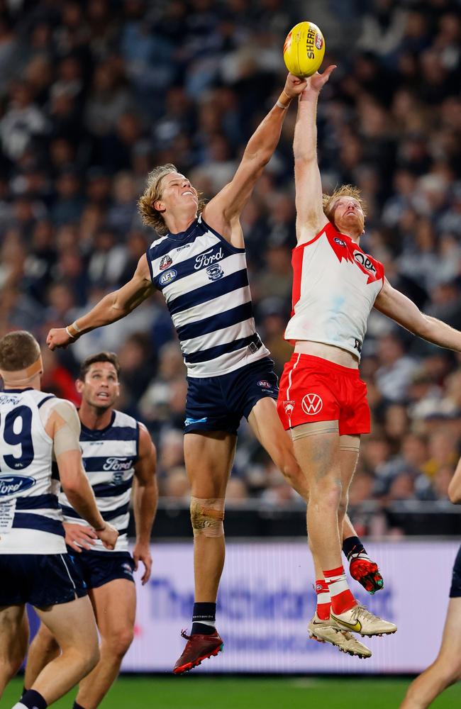 Sam De Koning went into the ruck against Sydney and performed well. Picture: Dylan Burns