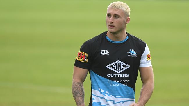 Bronson Xerri of the Sharks during an NRL training session in Sydney, Wednesday, May 20, 2020. (AAP Image/Joel Carrett) NO ARCHIVING