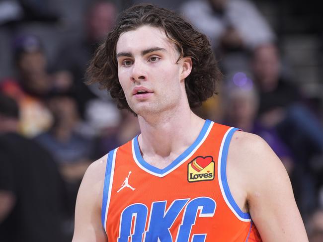 SACRAMENTO, CA - DECEMBER 14: Josh Giddey #3 of the Oklahoma City Thunder looks on during the game against the Sacramento Kings on December 14, 2023 at Golden 1 Center in Sacramento, California. NOTE TO USER: User expressly acknowledges and agrees that, by downloading and or using this photograph, User is consenting to the terms and conditions of the Getty Images Agreement. Mandatory Copyright Notice: Copyright 2023 NBAE (Photo by Rocky Widner/NBAE via Getty Images)