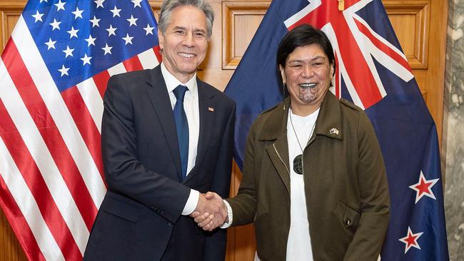 US Secretary of State Antony Blinken greets New Zealand's Minister of Foreign Affairs Nanaia Mahuta at Parliament in Wellington. Picture: AFP.