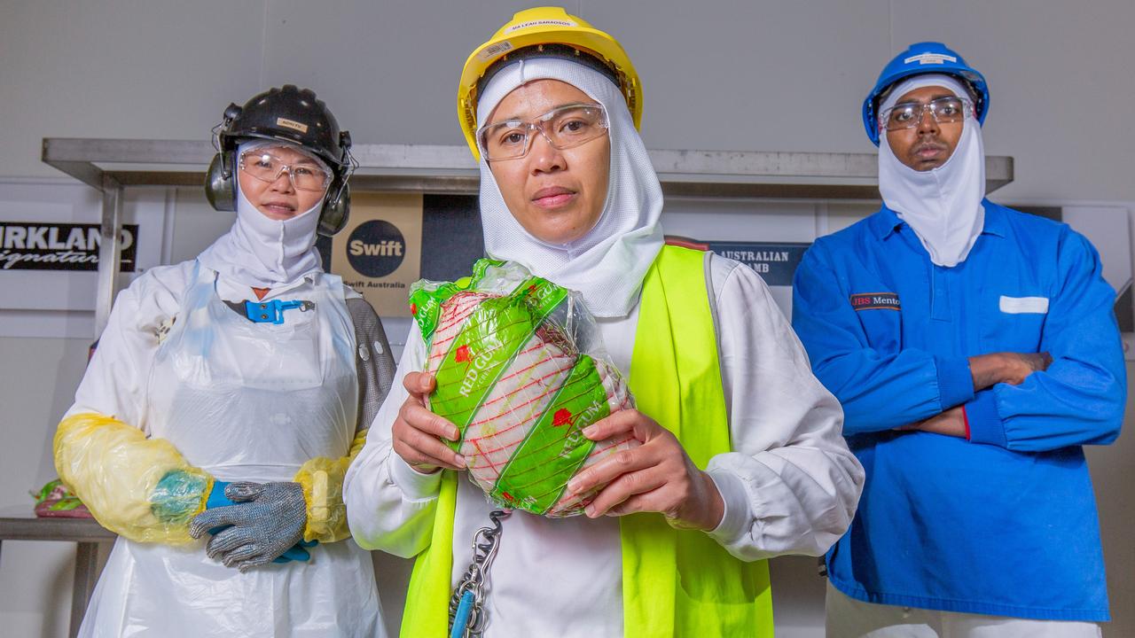 Workers Aizhu Fu, Ma Leah Saraosos and Pavi at JBS Meat Production in Bordertown. Picture: Ben Clark