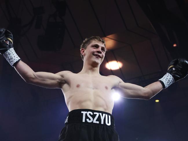 Nikita Tszyu celebrates victory after defeating Benjamin Bommber during their Super-welterweight bout at Margaret Court Arena on May 24, 2023 in Melbourne, Australia. (Photo by Robert Cianflone/Getty Images)