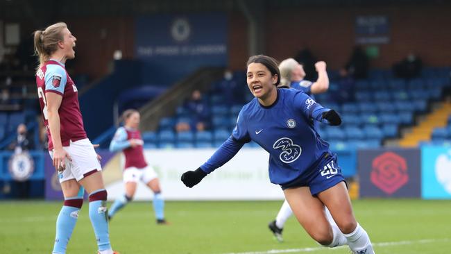 Sam Kerr celebrates a goal for Chelsea. Picture: James Chance/Getty Images