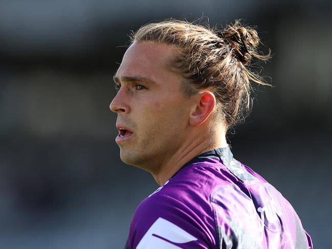 SYDNEY, AUSTRALIA – SEPTEMBER 27: Aaron Booth of the Storm warms up during the round 20 NRL match between the St George Illawarra Dragons and the Melbourne Storm at Netstrata Jubilee Stadium on September 27, 2020 in Sydney, Australia. (Photo by Mark Kolbe/Getty Images)